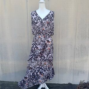 Parker Plum and Pink Silk Blend Faux Wrap Midi Pippen Dress with Orange Accents